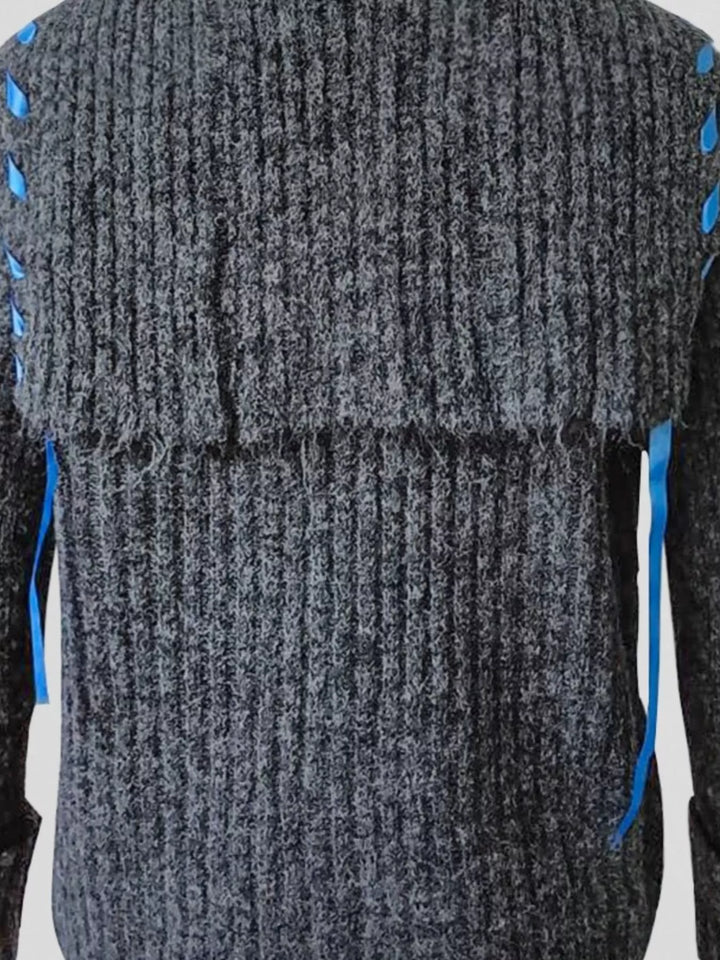 Ribbed knit button-front cardigan with contrast ribbon trim