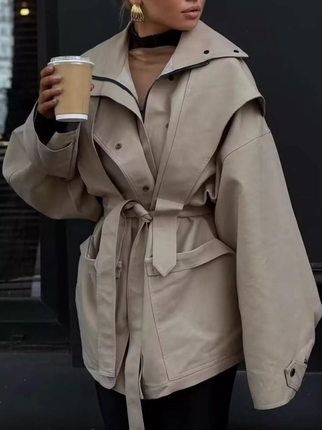Oversized collar tie-waist snap-front trench coat