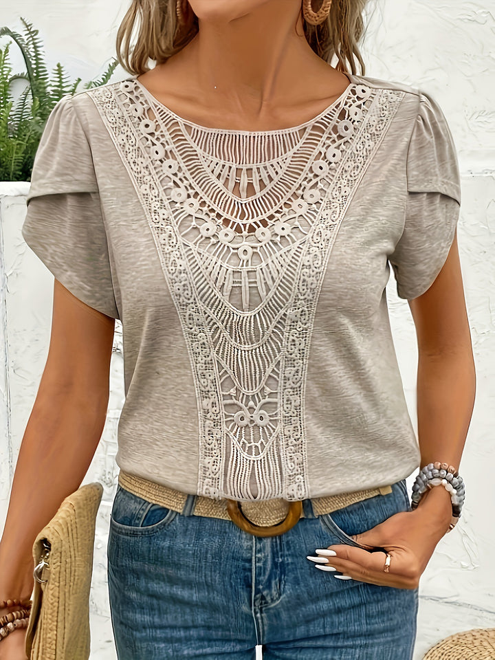 Khaki Lace front panel petal sleeve knit top