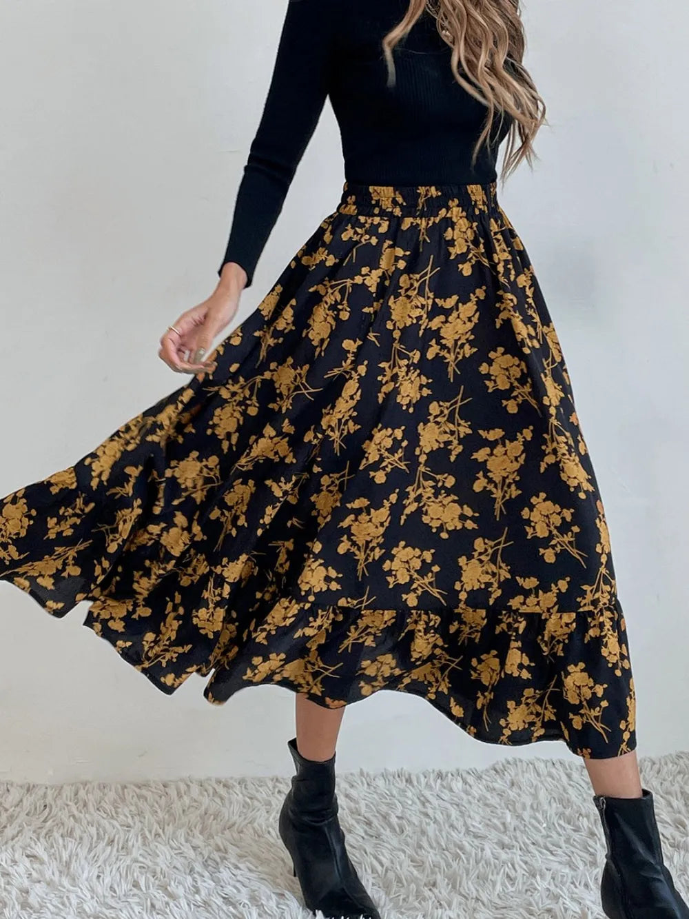 Flared ruffle-tier midi skirt with elastic waist