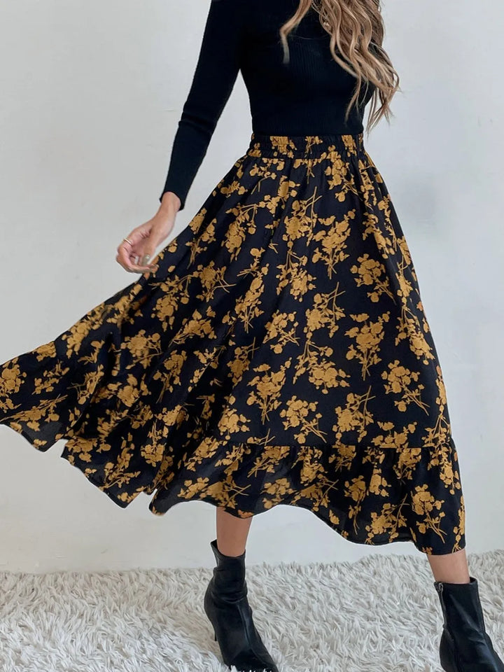 Flared ruffle-tier midi skirt with elastic waist