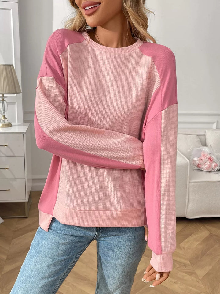Color block waffle knit long sleeve top