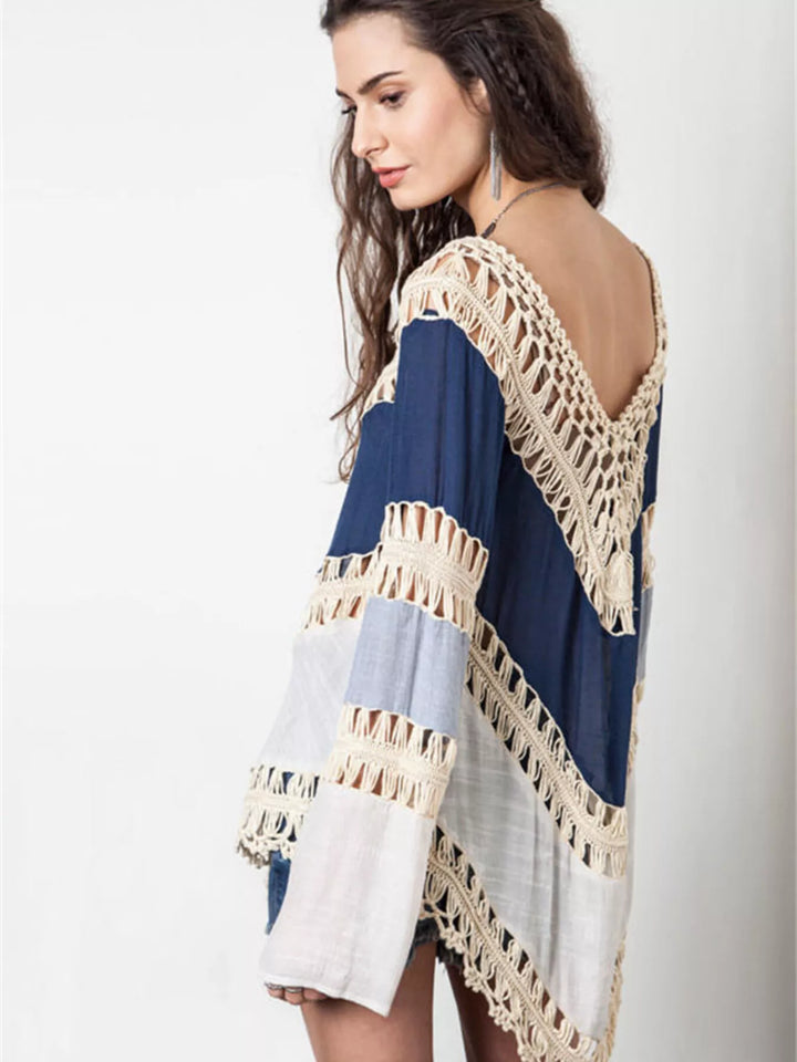 Crochet trim color block long sleeve beach cover-up