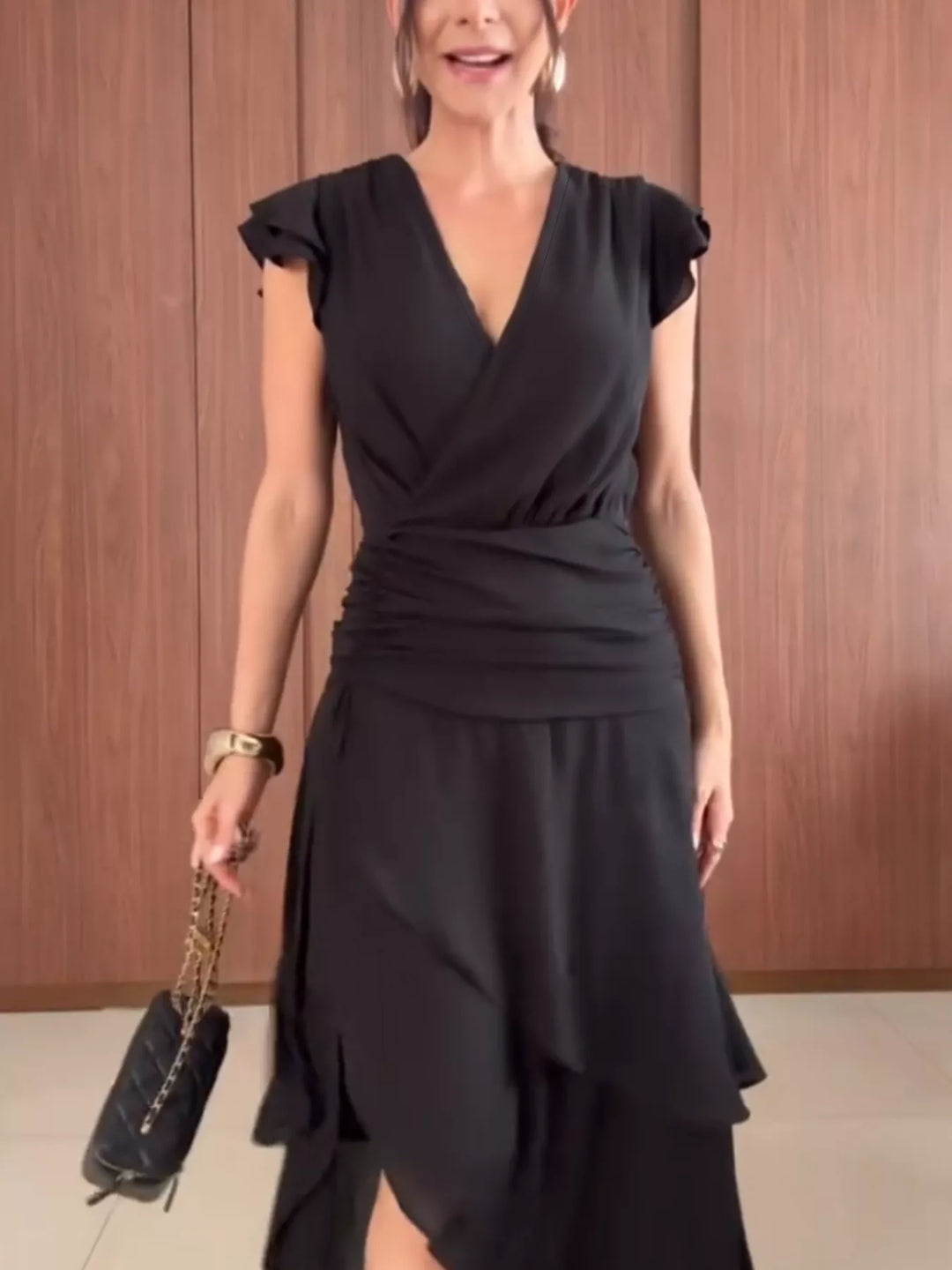 Asymmetrical ruffle hem v-neck flutter sleeve maxi dress