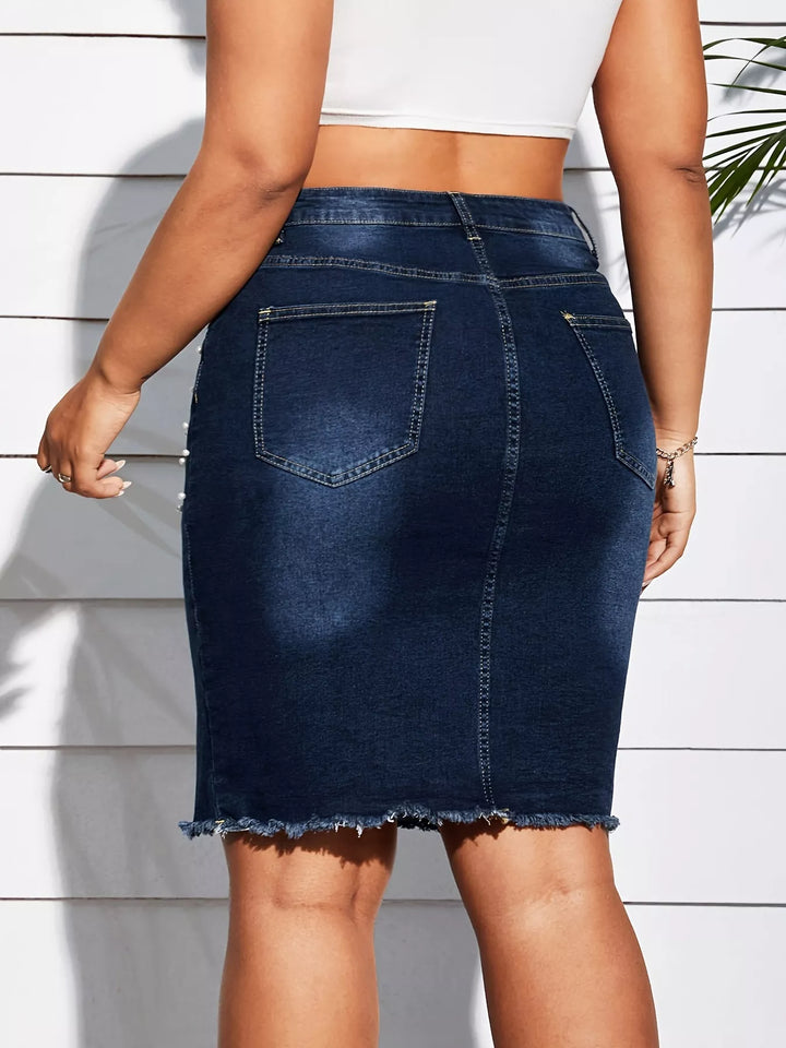 Pearl embellished plus size denim skirt with frayed hem