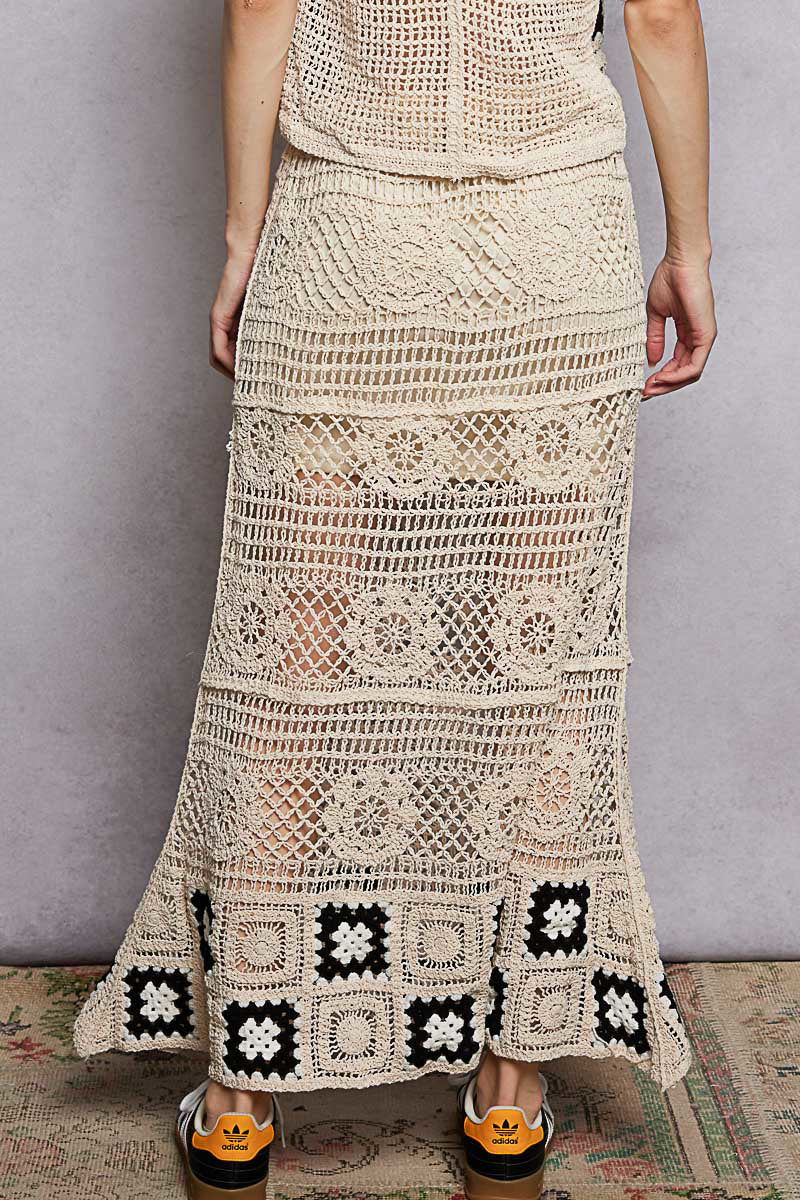 Granny square crochet maxi skirt with ruffled waistband