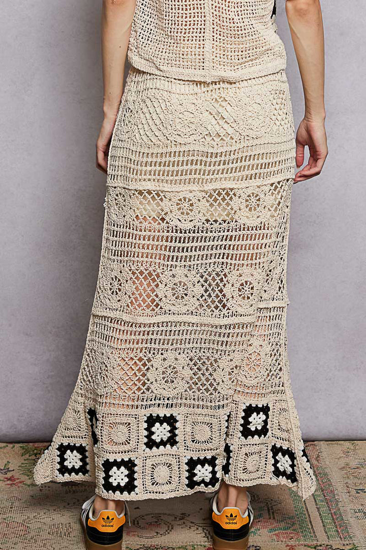 Granny square crochet maxi skirt with ruffled waistband