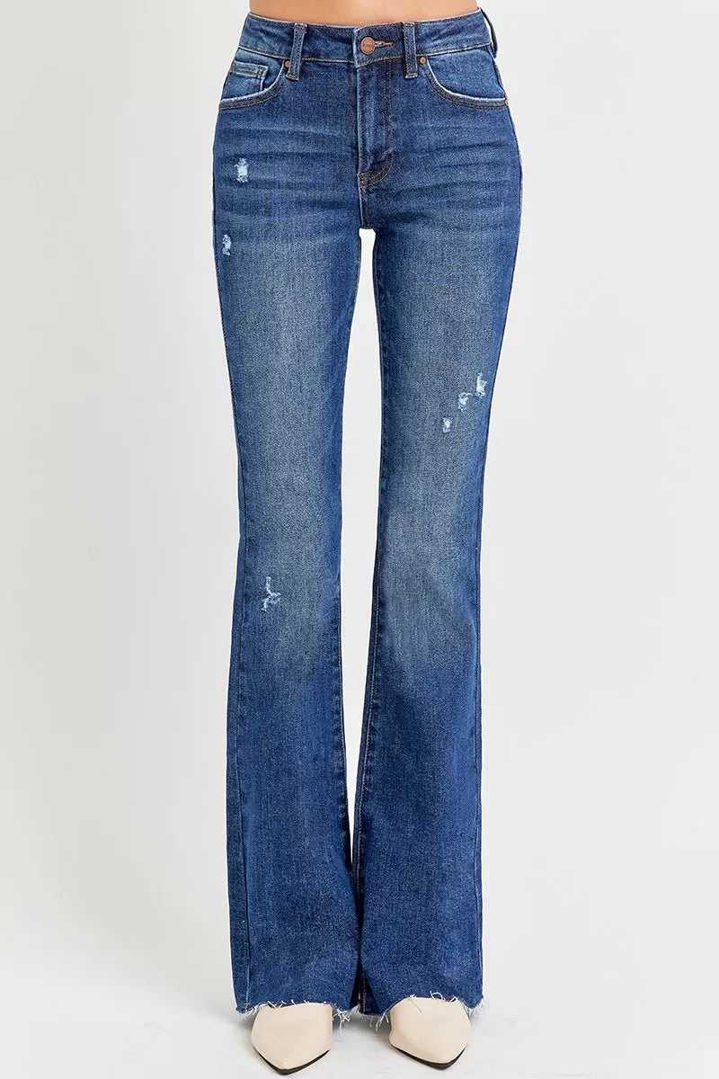 Distressed mid-rise flare jeans with raw hem