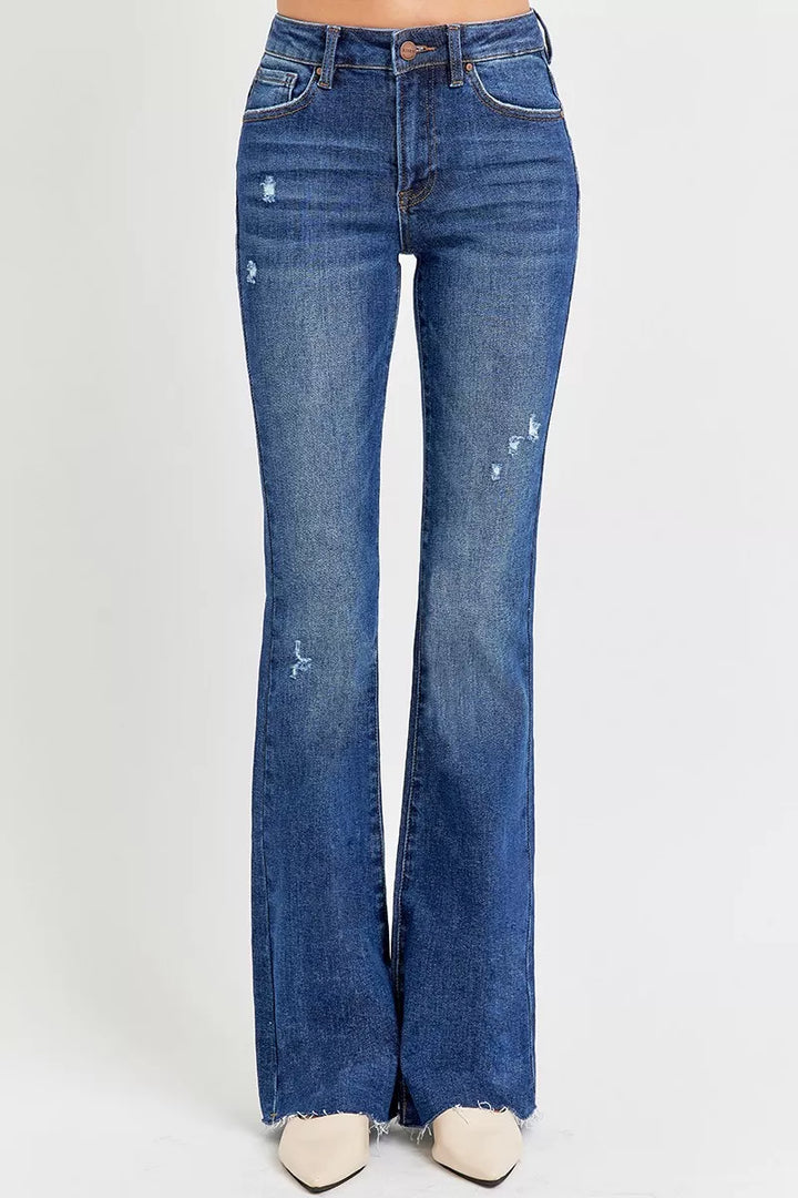 Distressed mid-rise flare jeans with raw hem
