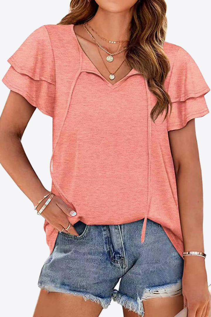 Peach Tiered flutter sleeve blouse with split tie neck