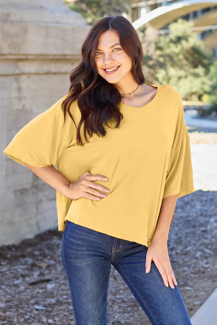 Yellow Boxy drop-shoulder round neck bamboo tee