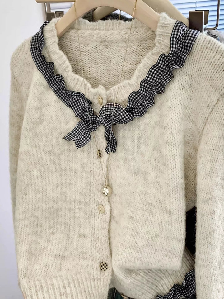 Gingham ruffle trim button-up knit cardigan