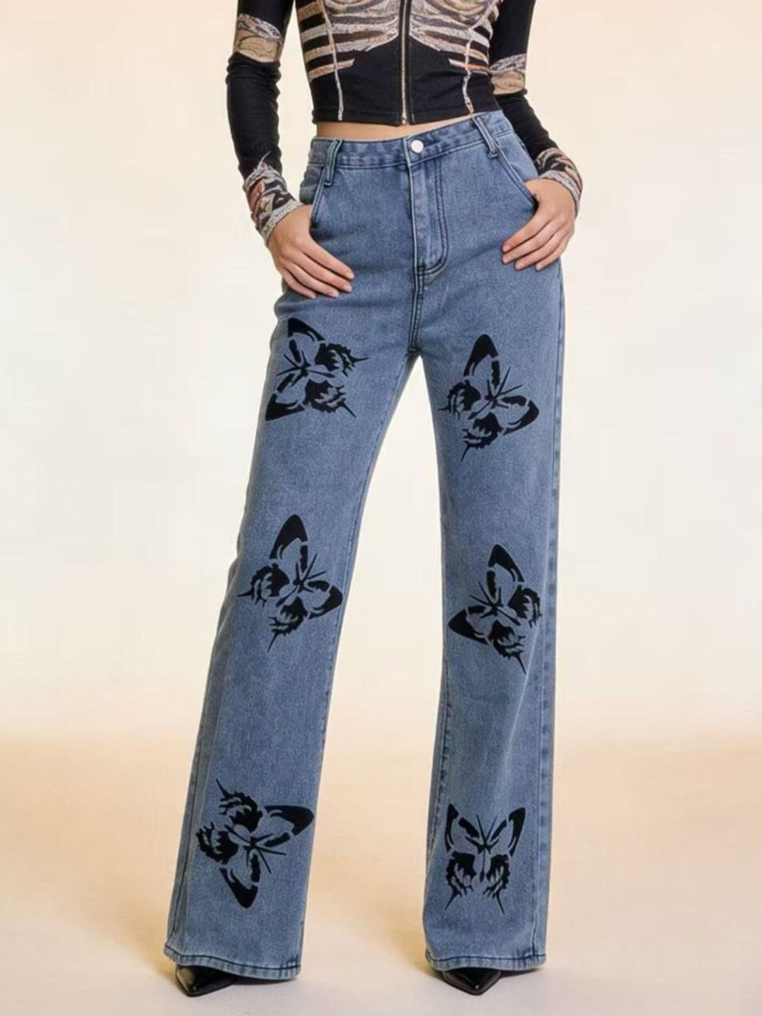 Butterfly print high-rise wide leg jeans
