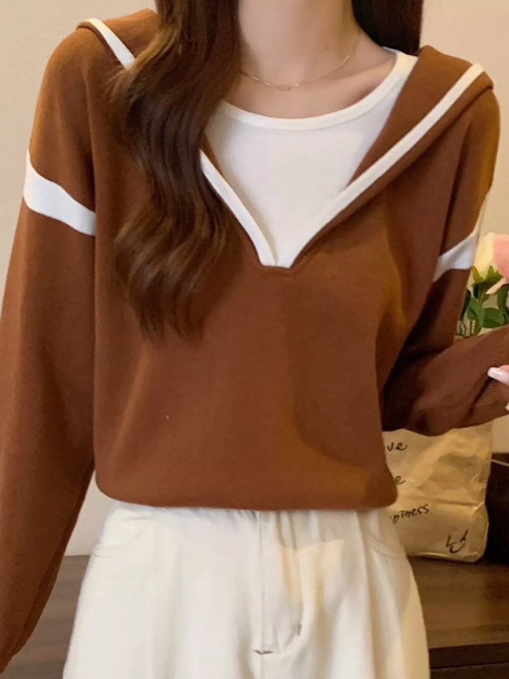Brown Contrast trim hooded pullover sweater with striped sleeves