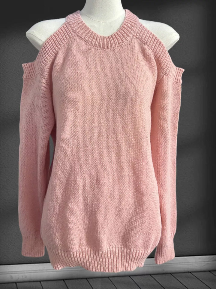 Cold shoulder ribbed knit crew neck sweater