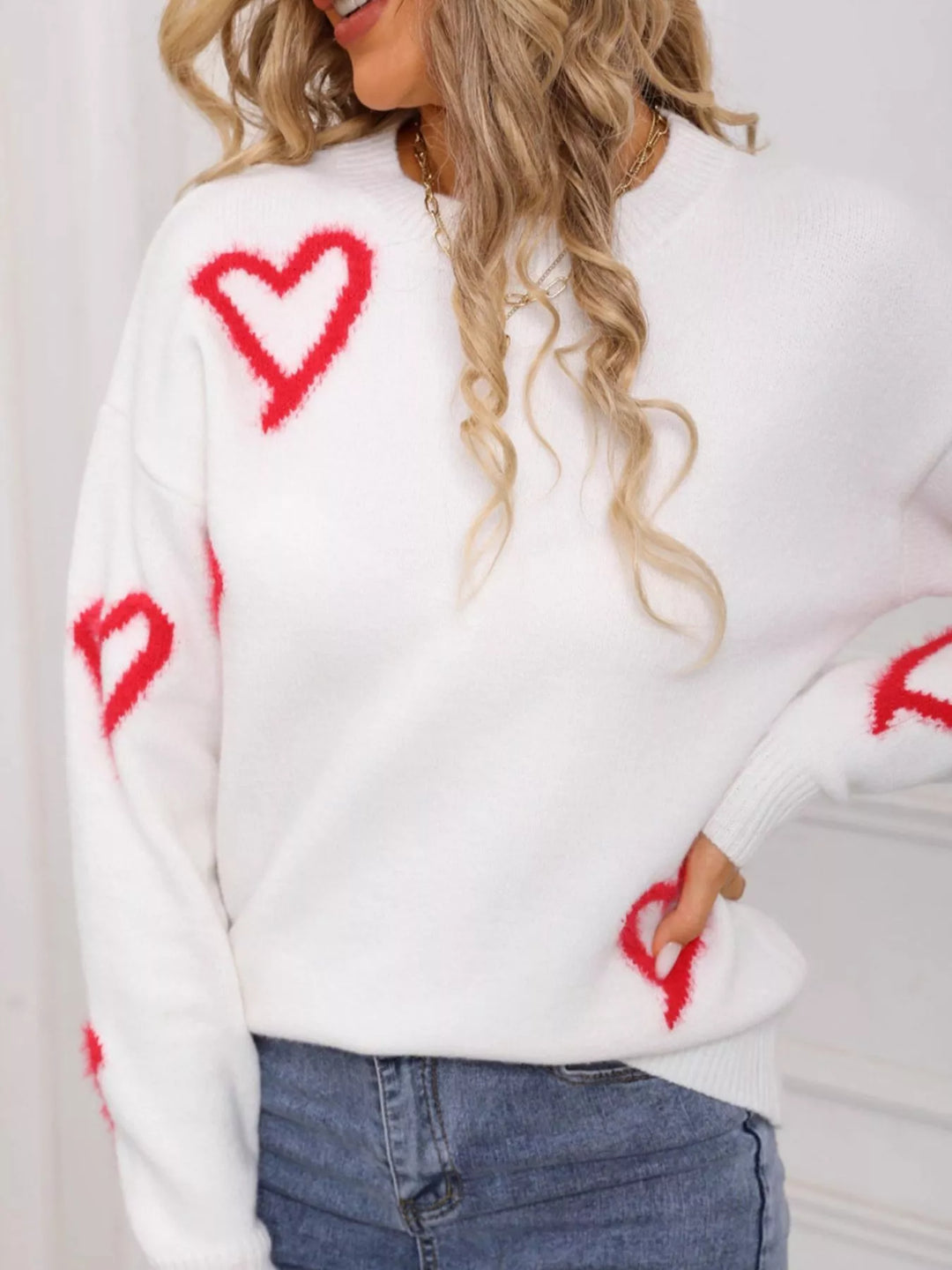 Fuzzy heart crew neck sweater with ribbed trim