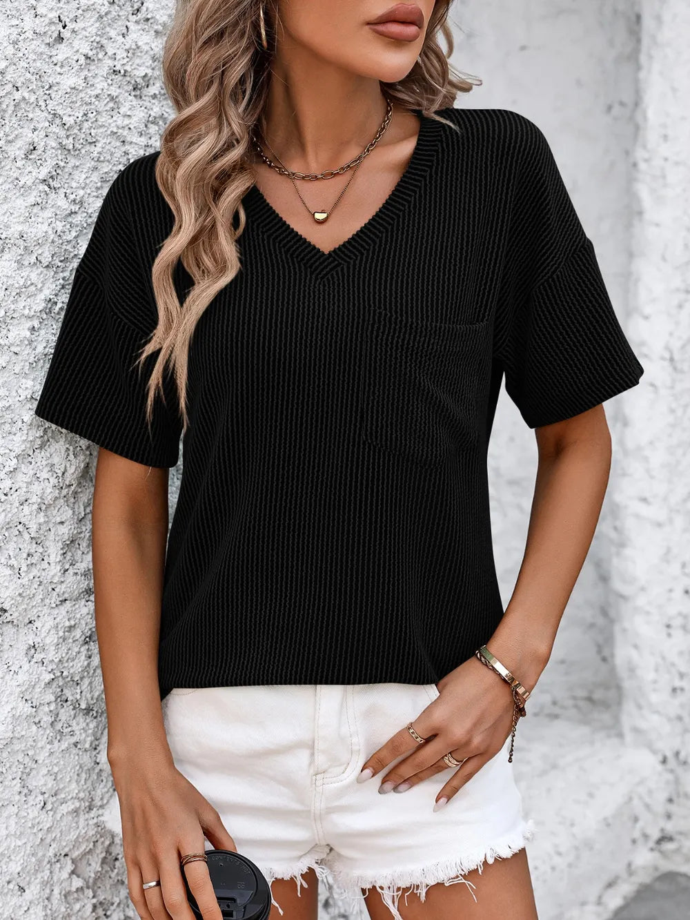 Black Ribbed V-neck dropped-shoulder tee with chest pocket