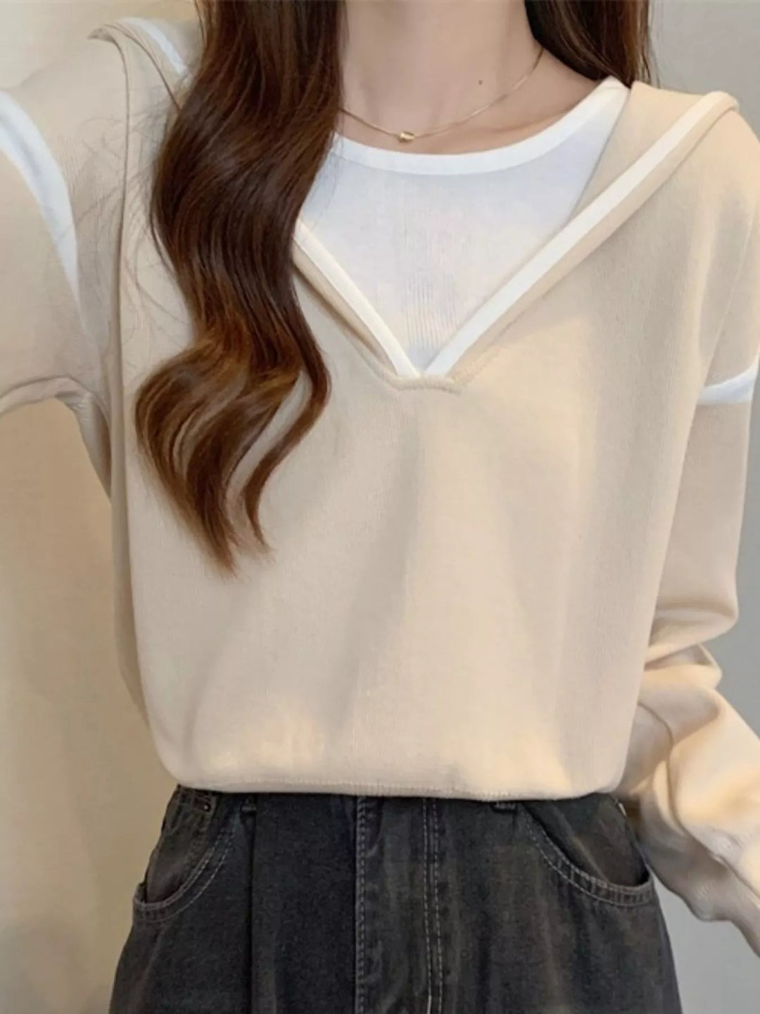 Tan Contrast trim hooded pullover sweater with striped sleeves