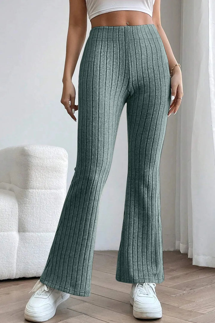 Deep Teal Ribbed knit high-waist flare pants with pull-on waist