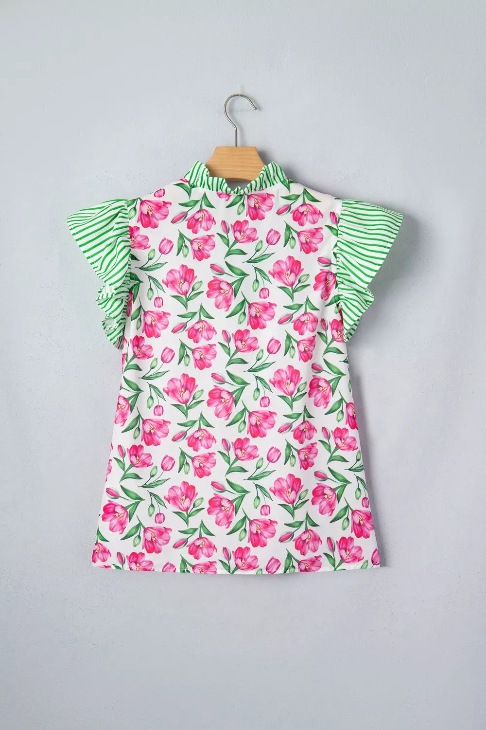 Floral print V-neck blouse with striped ruffle sleeves