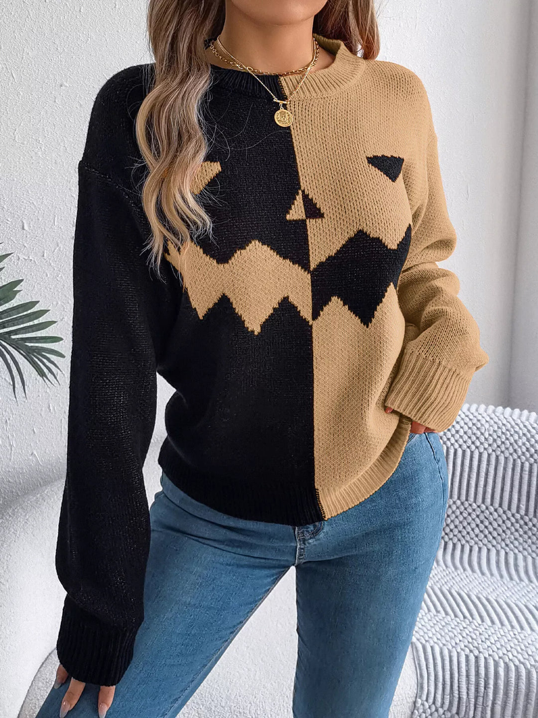 Pumpkin face color block knit pullover sweater