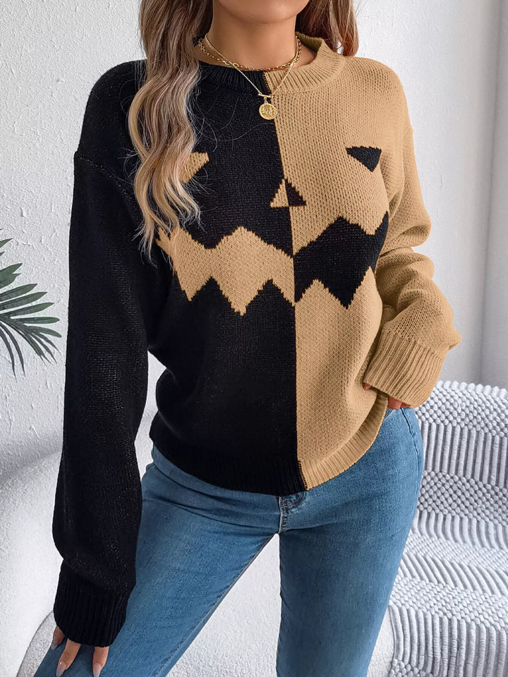 Pumpkin face color block knit pullover sweater
