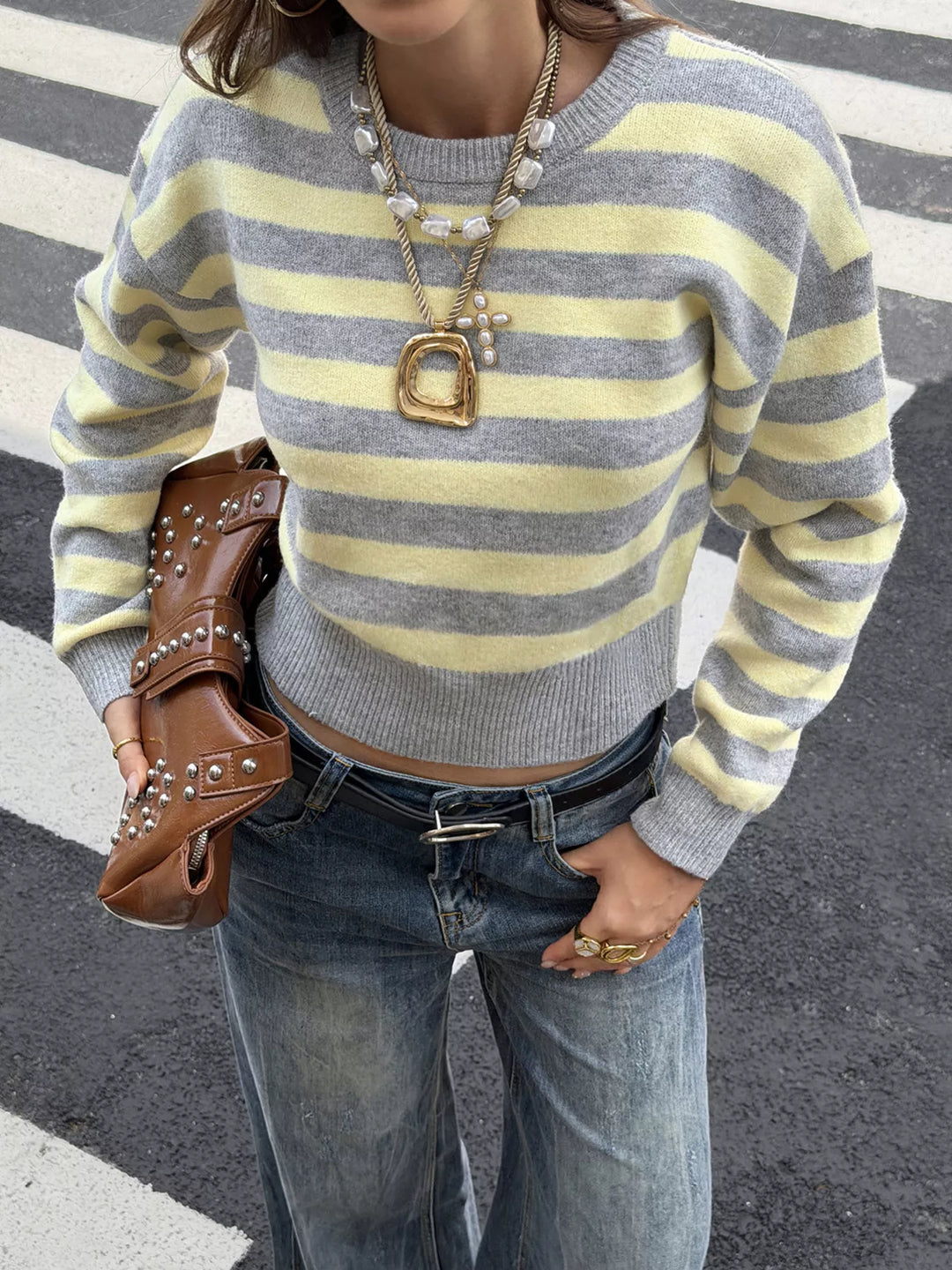 Striped cropped sweater with ribbed hem and drop shoulders