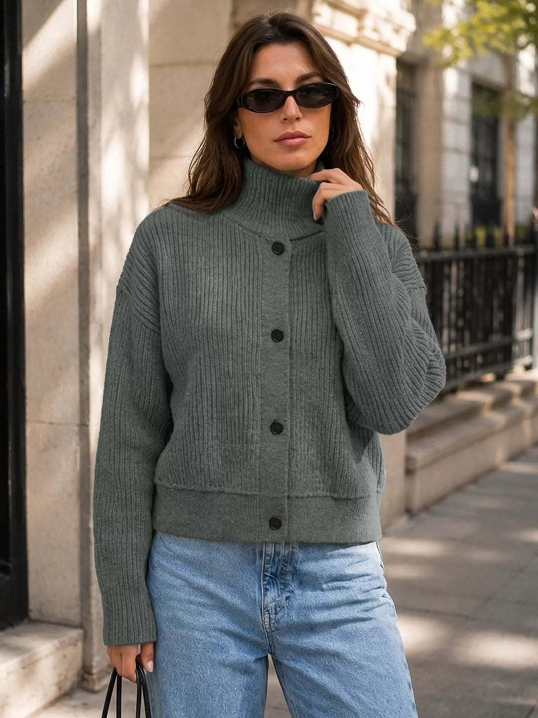 Ribbed knit mock neck button-front cardigan