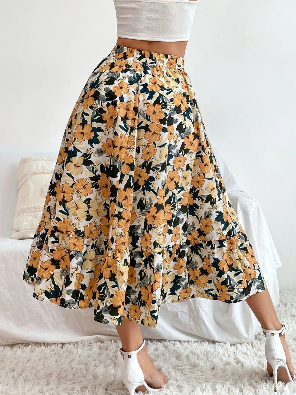 Flared ruffle-tier midi skirt with elastic waist
