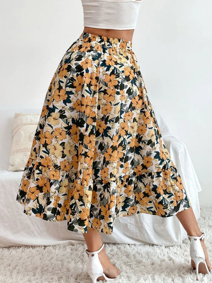 Flared ruffle-tier midi skirt with elastic waist