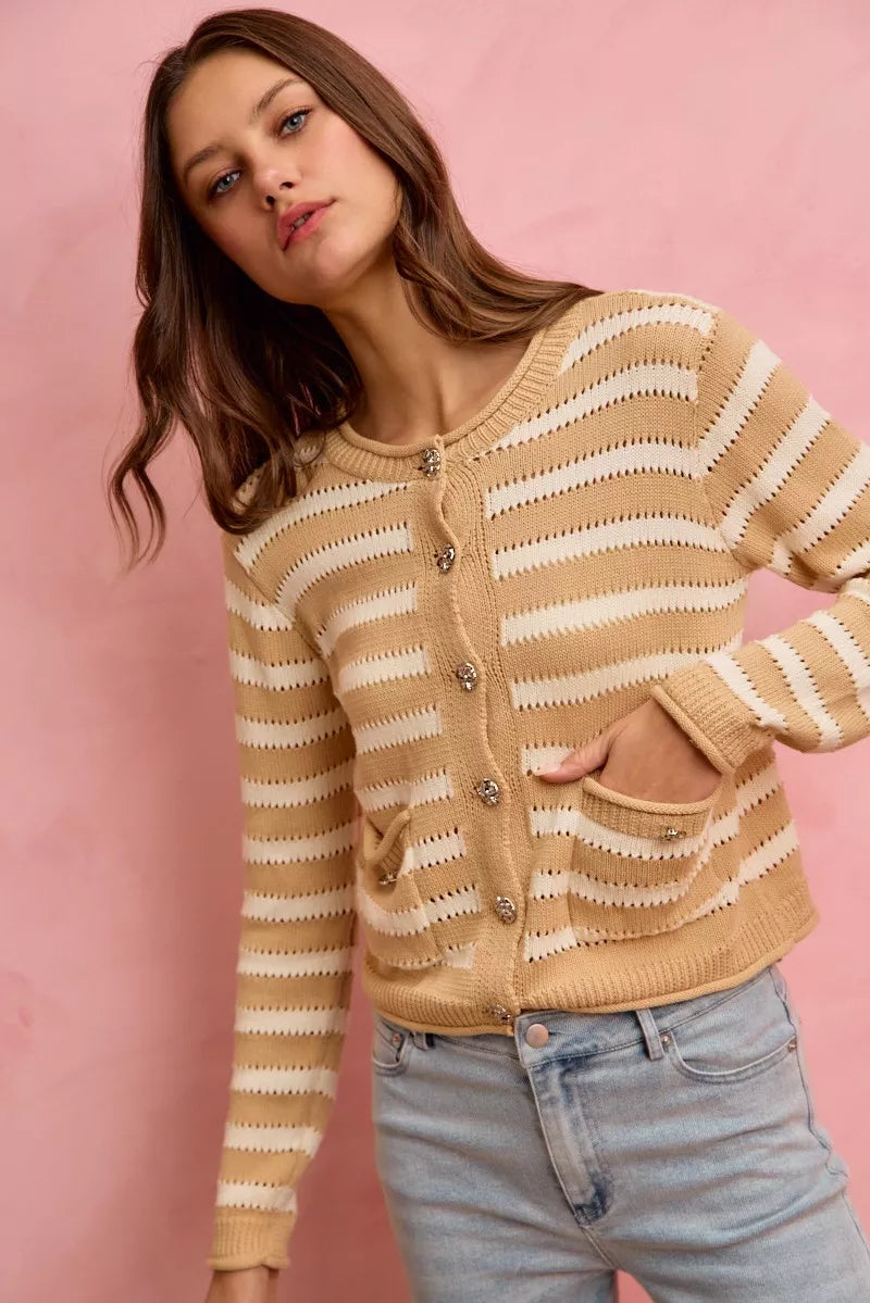Striped openwork knit cardigan with jeweled buttons