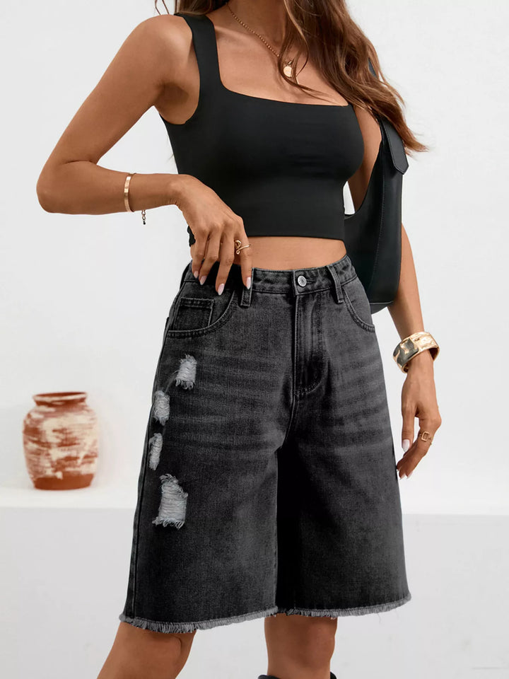 Distressed high-rise denim bermuda shorts with frayed hem