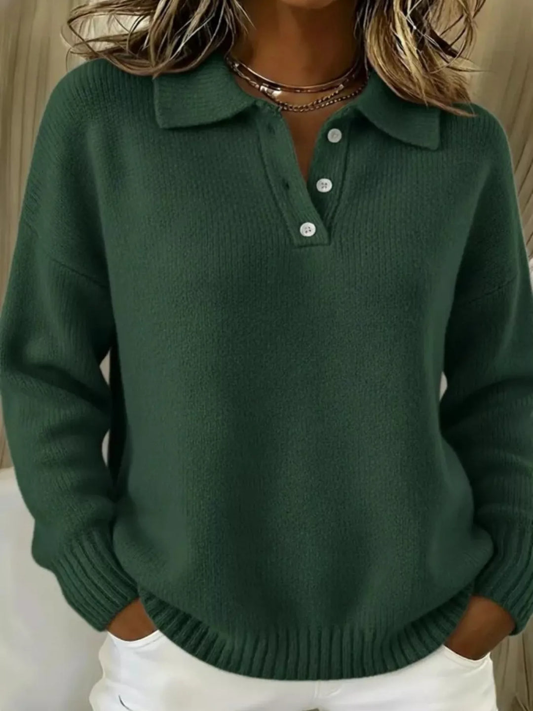 Green Dropped shoulder polo collar button knit sweater