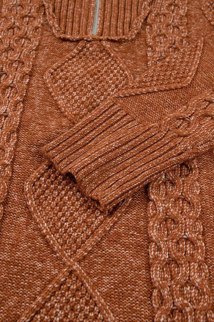 Cable knit quarter-zip mini sweater dress with drop shoulders