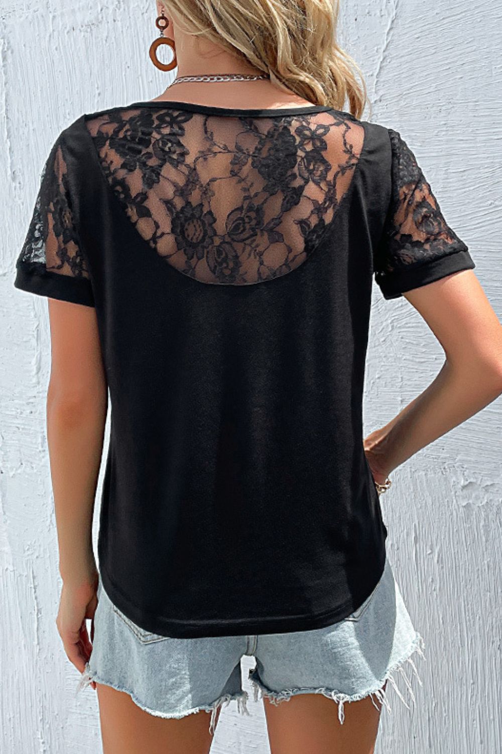 Floral lace panel round neck short sleeve top