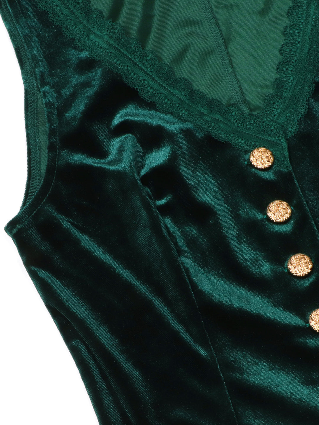 Lace-trim velvet vest top with gold buttons