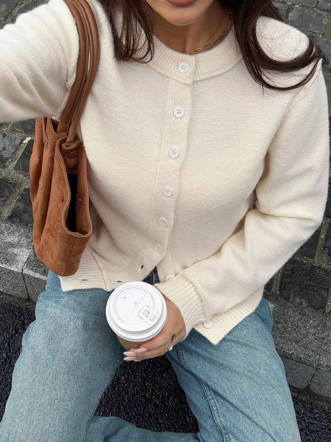 Button-front crew neck knit cardigan with ribbed trim
