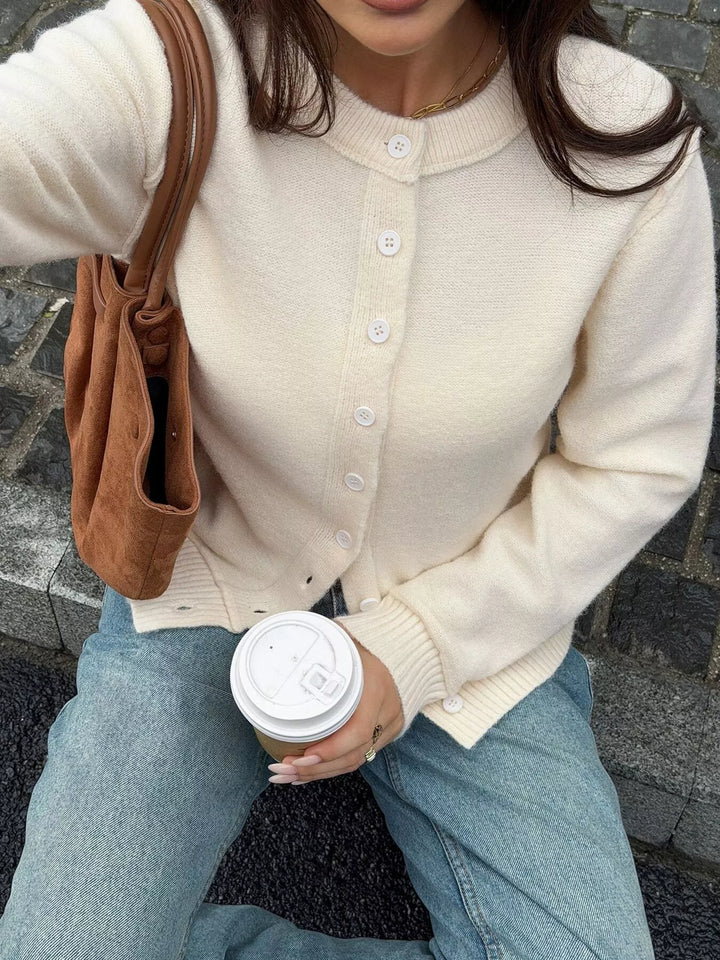Button-front crew neck knit cardigan with ribbed trim