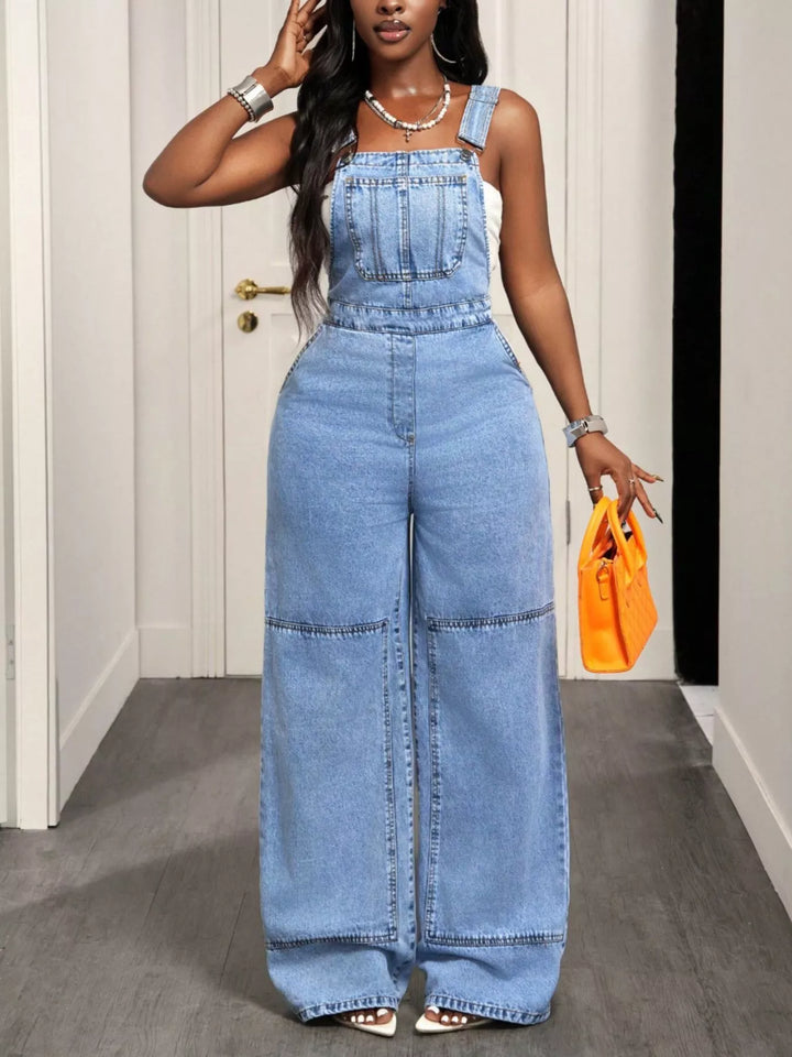 Wide leg denim overalls with bib pocket and side buttons
