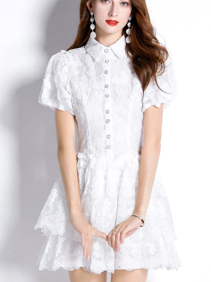 White Floral lace puff sleeve mini dress with tiered skirt