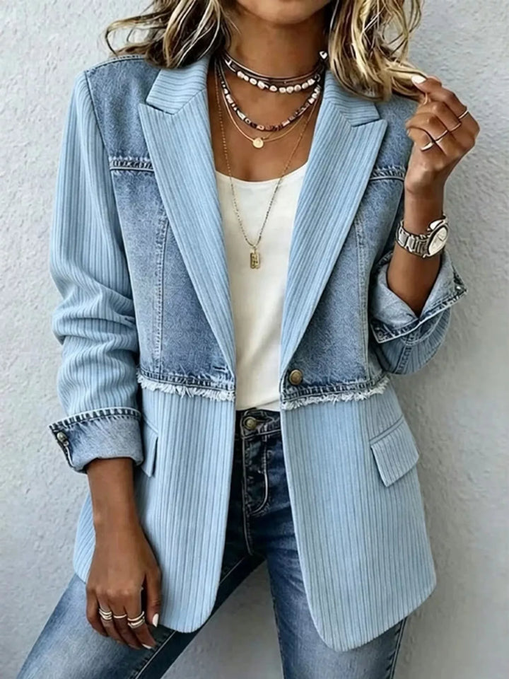 Light Blue Denim patchwork ribbed blazer with raw hem and notch lapels