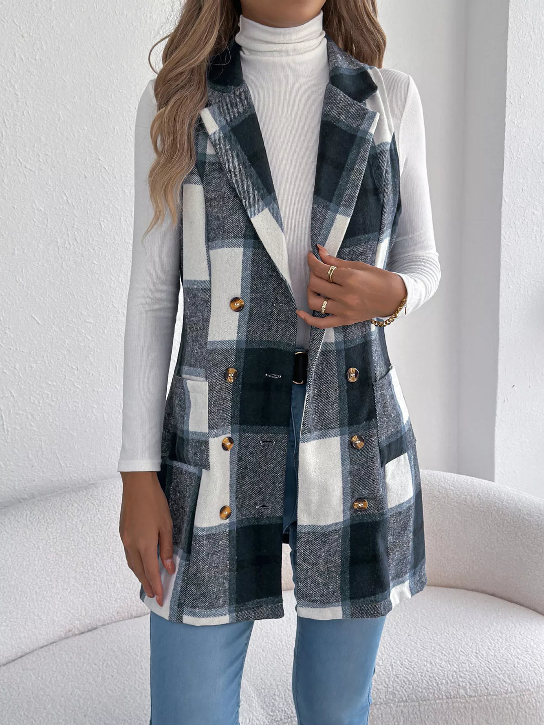 Navy Blue Plaid double-breasted longline vest coat with notched lapel