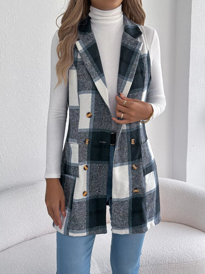 Navy Blue Plaid double-breasted longline vest coat with notched lapel