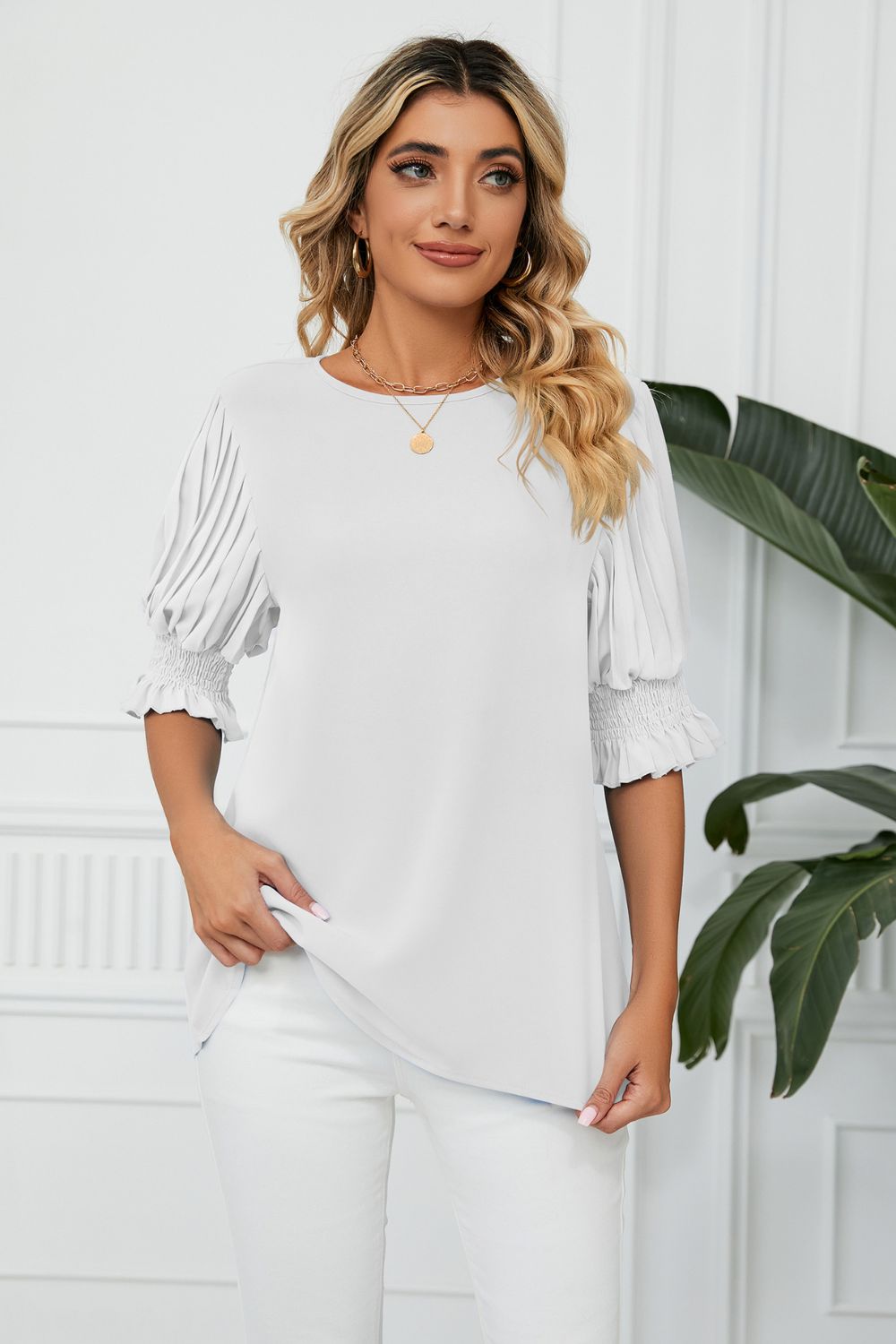 Pleated puff sleeve keyhole blouse with smocked cuffs