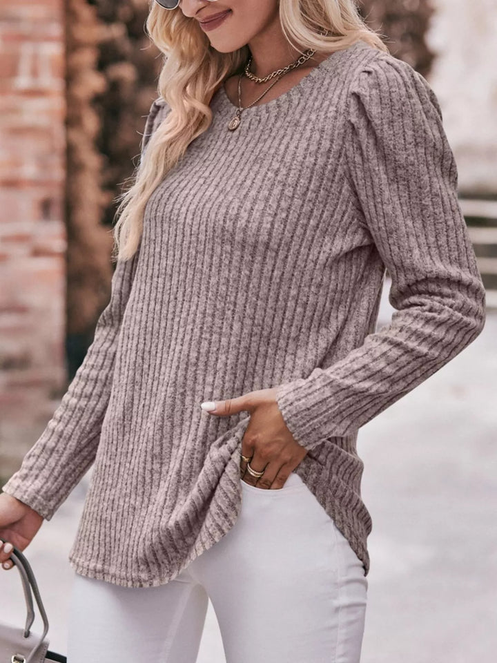 Ribbed knit long sleeve top with puff shoulders