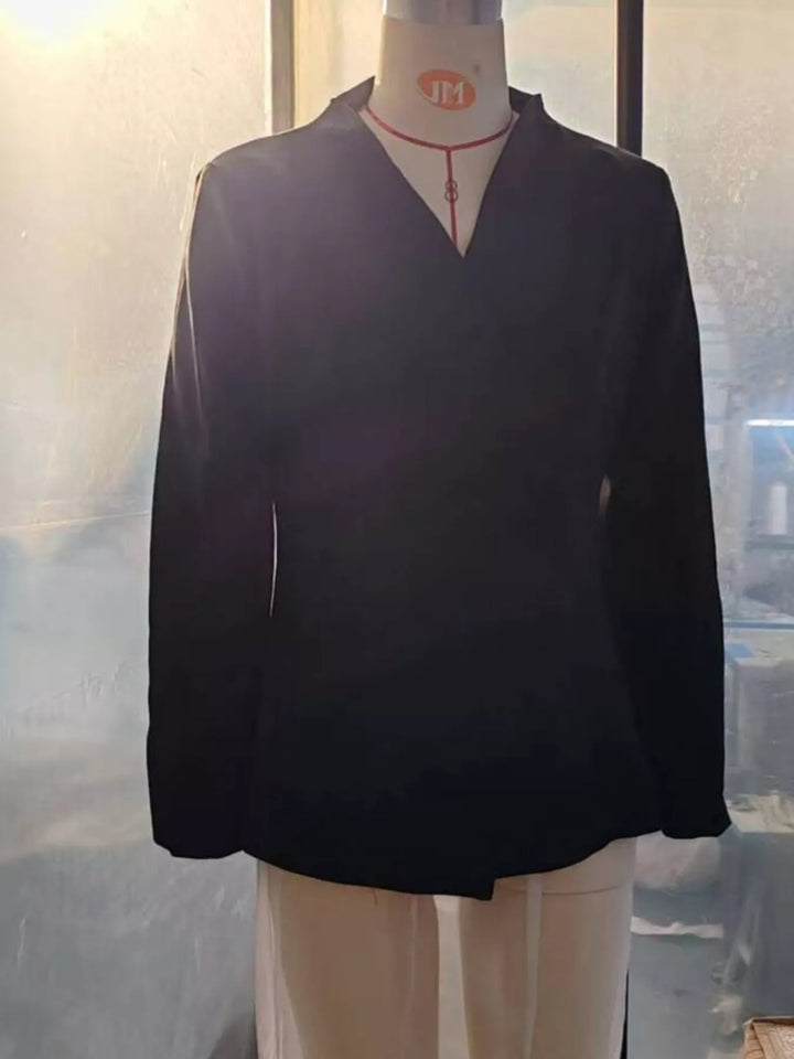 Collarless wrap-front blazer with cinched pleated waist