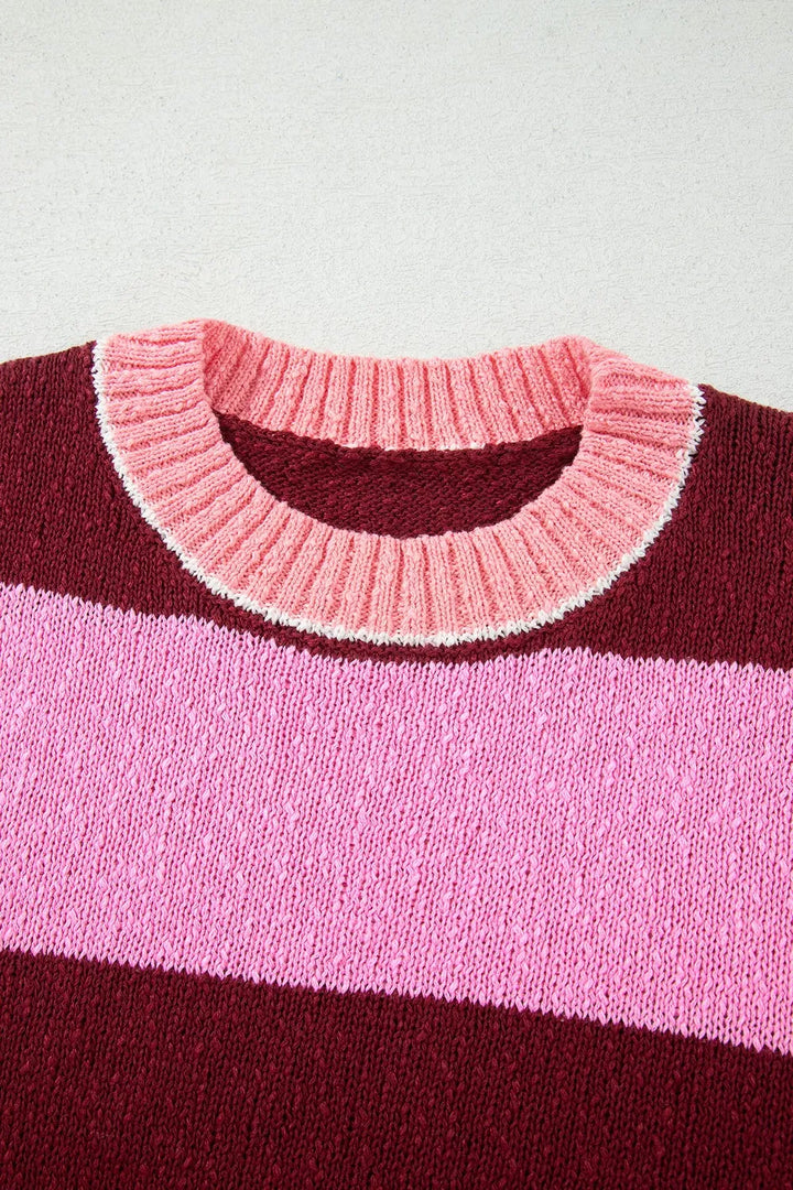 Wide stripe drop shoulder crew neck knit pullover sweater