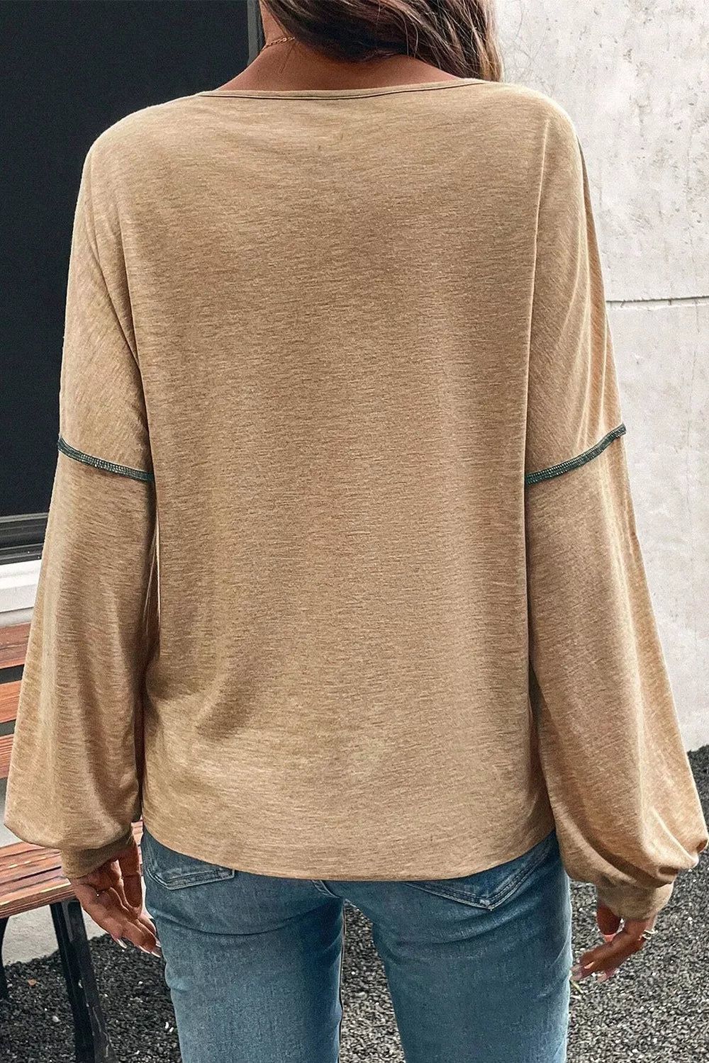 Color block V-neck long sleeve top with chest pocket
