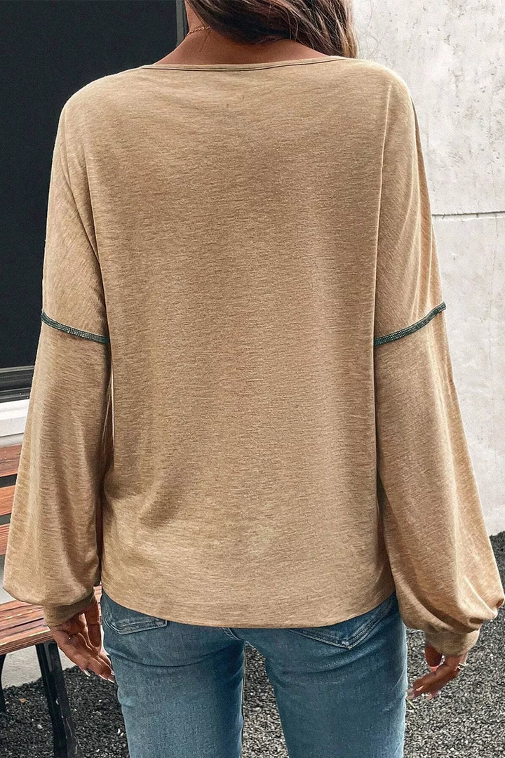 Color block V-neck long sleeve top with chest pocket