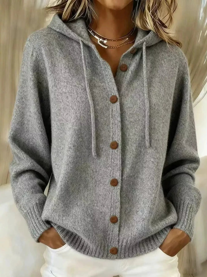 Grey Hooded button-down knit cardigan with drawstring